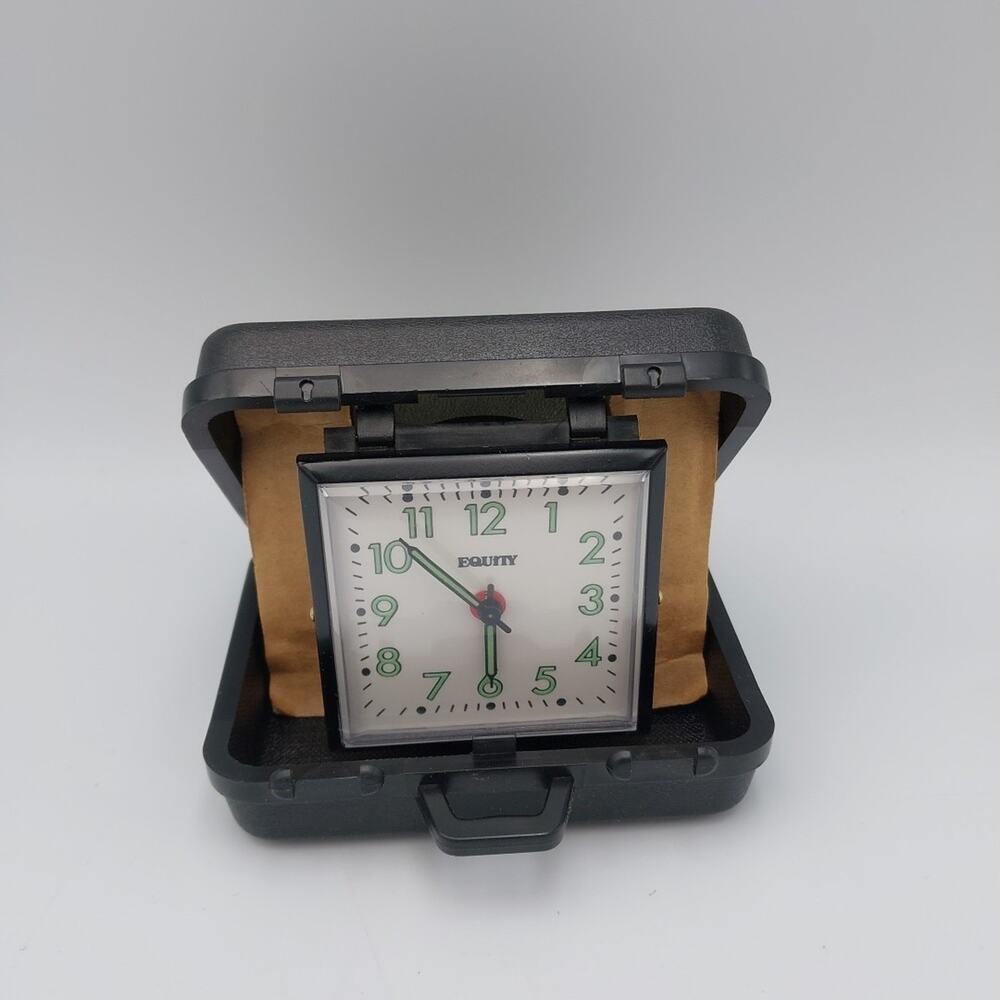 Vtg Equity Travel Alarm Clock Wind Up‎ Hard Case Black - WORKS